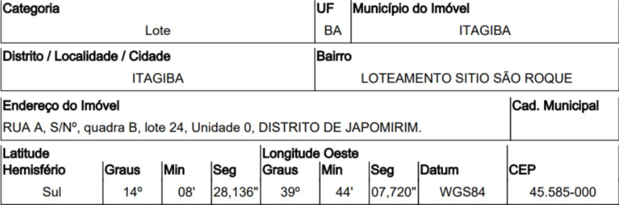 Terreno com 200m² em Itagiba/BA - Japumirim